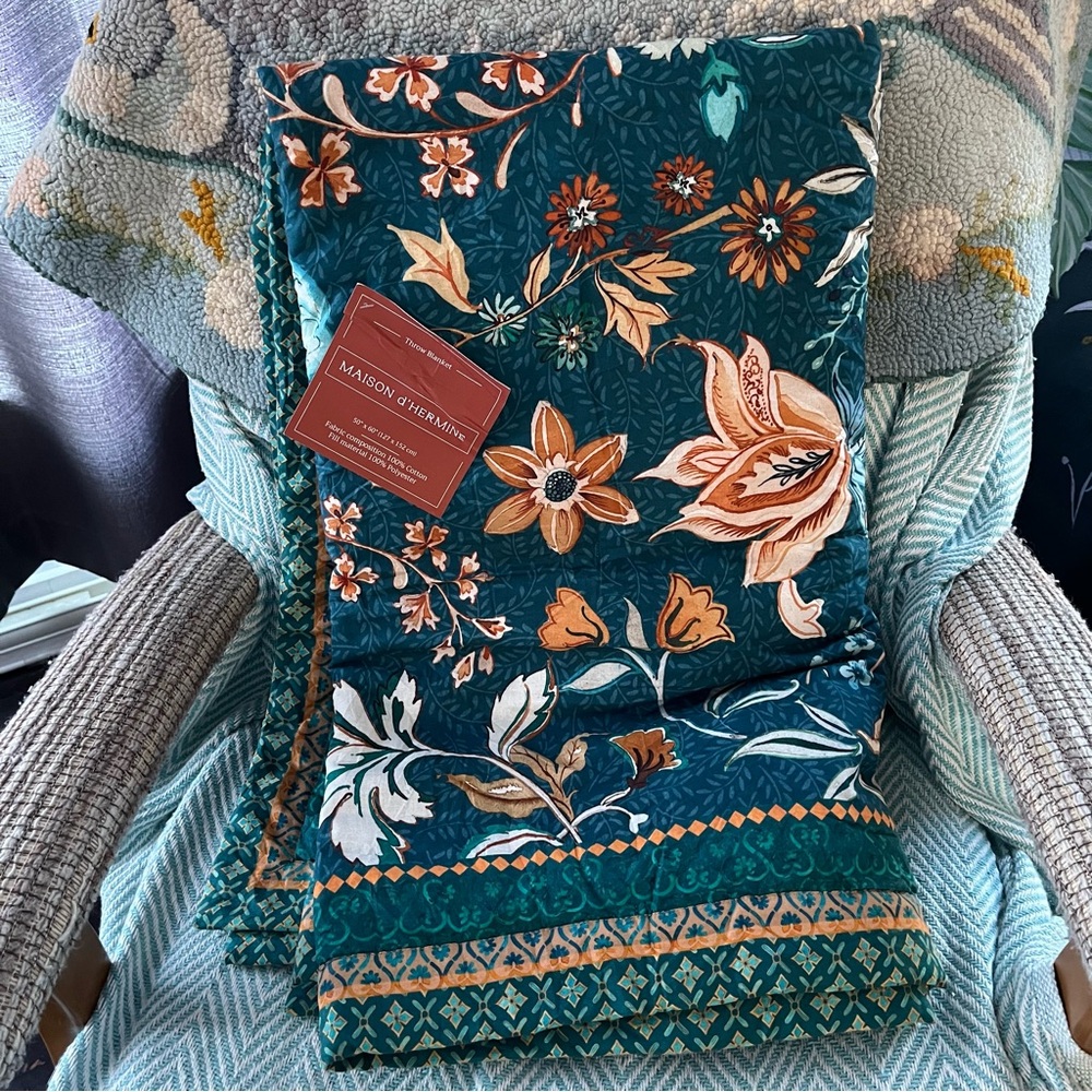 NWT Maison d'Hermine Throw Blanket Cotton Bed 50'' X 60'' Luxury Loft Dark Teal - Picture 3 of 8
